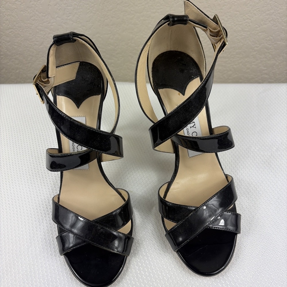 Jimmy Choo Lottie High Heel Party Strapped Black Patent Leather Sandals EU 37